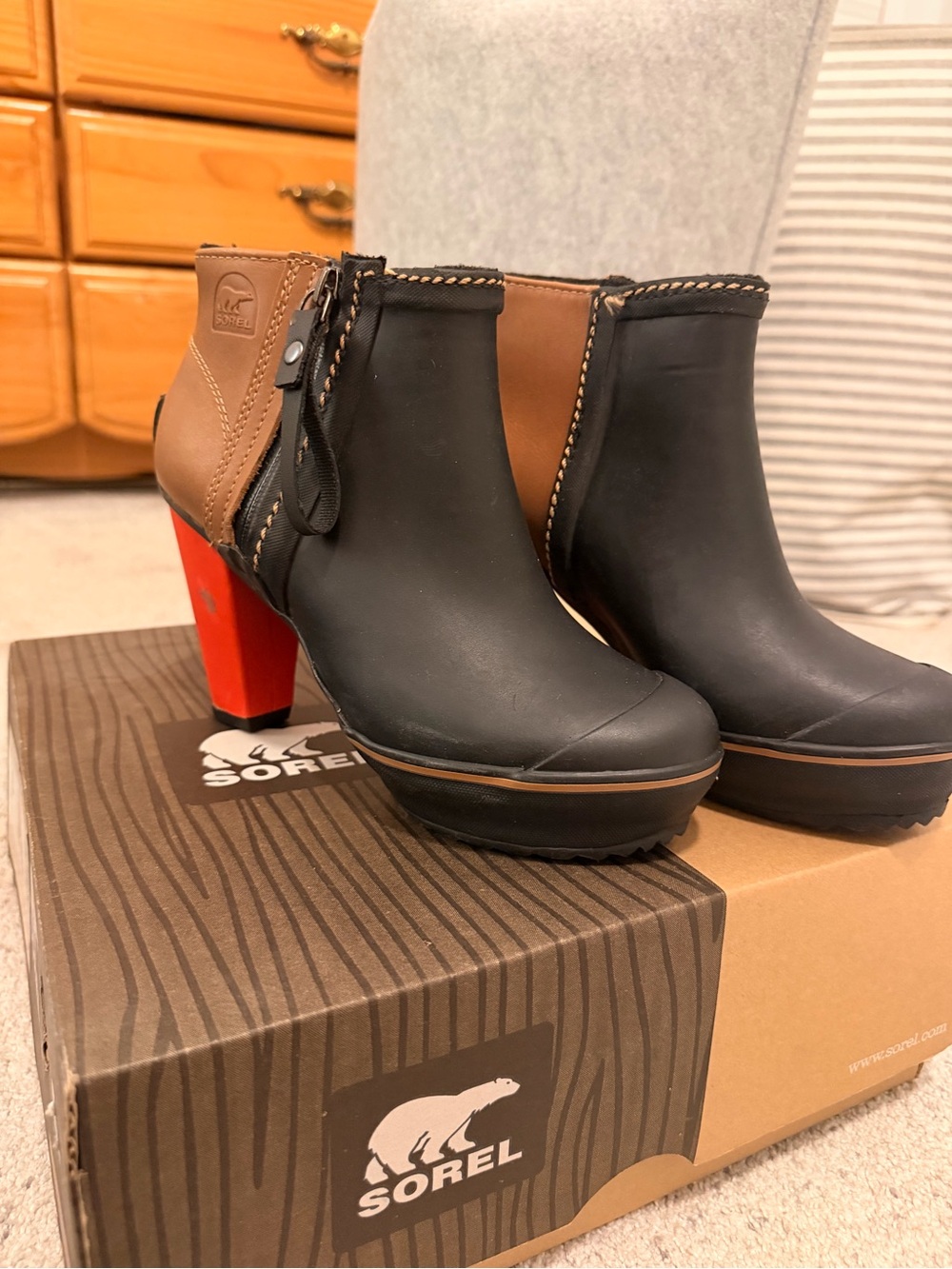 Sorel Black and Brown Ankle Booties with Red Block Heel with Box